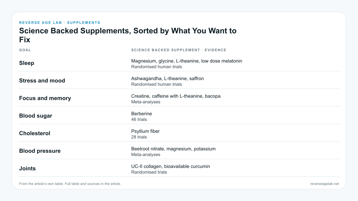 Table of science backed supplements sorted by goal: sleep, stress and mood, focus and memory, blood sugar, cholesterol, blood pressure and joints