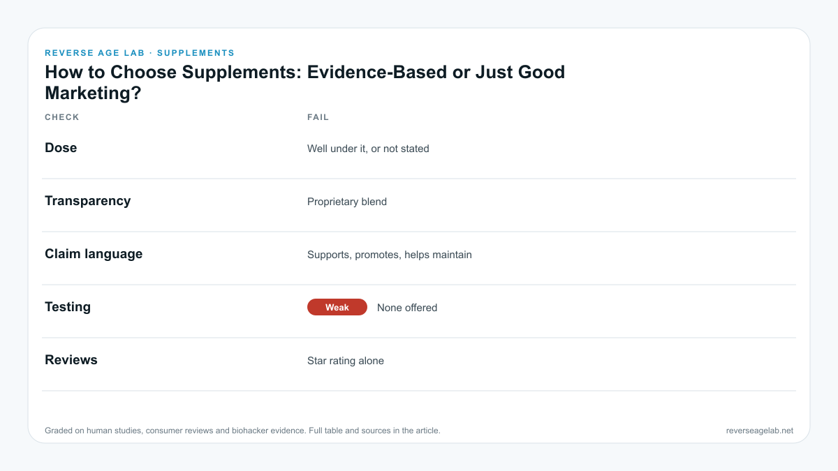 Checklist on how to choose supplements: dose, transparency, claim language, testing and reviews, with what counts as a fail