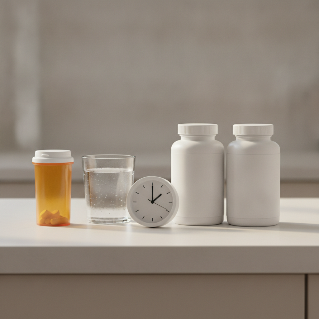 Supplement and medication interactions: an amber prescription bottle, a glass of water and a small clock beside two white supplement bottles